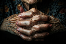 AI Generated Image. Close up wrinkled hands of the senior elderly woman