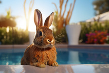 AI Generated Image. Easter bunny relaxing next to the swimming pool