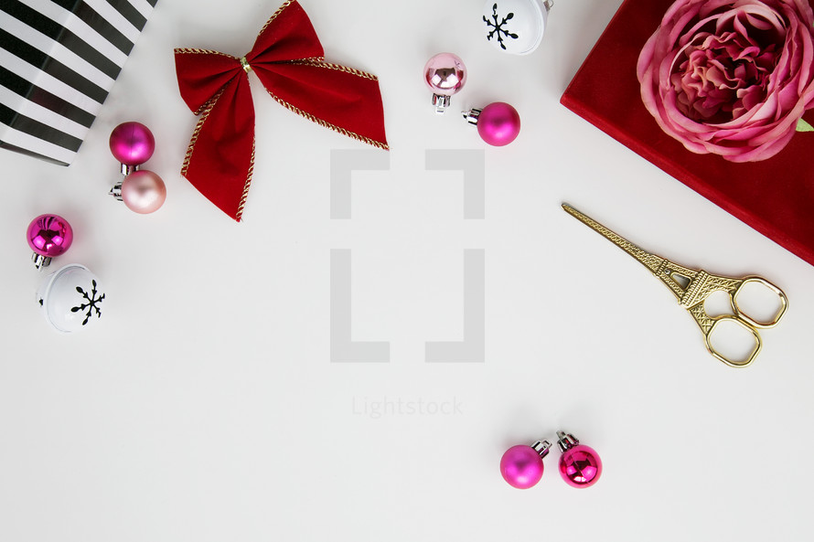 bow, presents, gifts, stripes, flower, scissors, bell, pink, fuchsia, gold, silver, ornaments, Christmas, white background, stand, decorations 