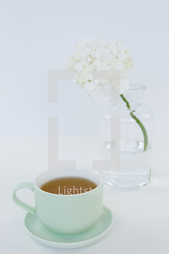 tea cup and flowers in a vase 