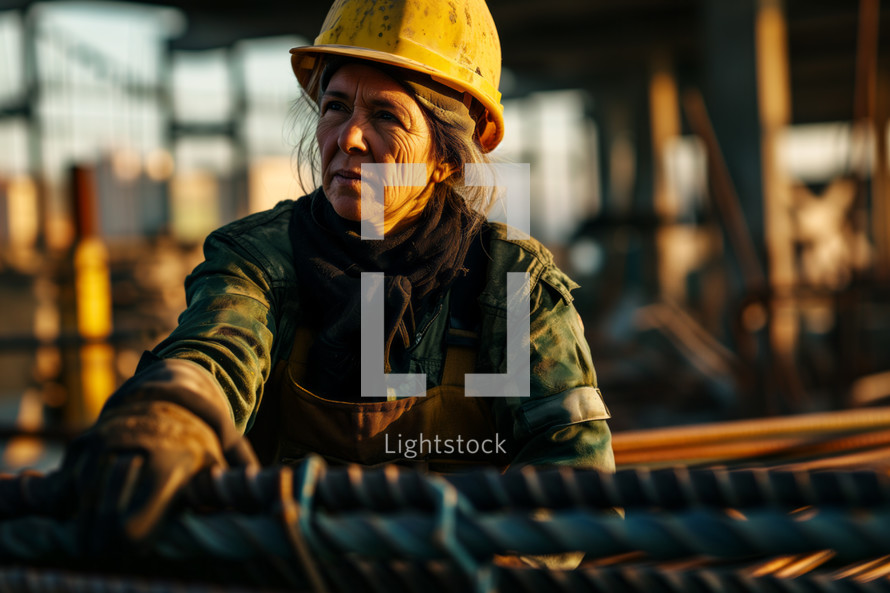 AI Generated Image. Mature woman in hard cap working with rebar