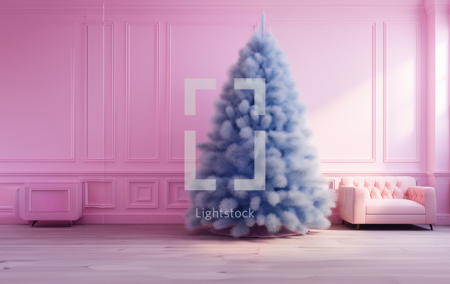 AI Generated Image. Blue fluffy Christmas tree in a pink interior