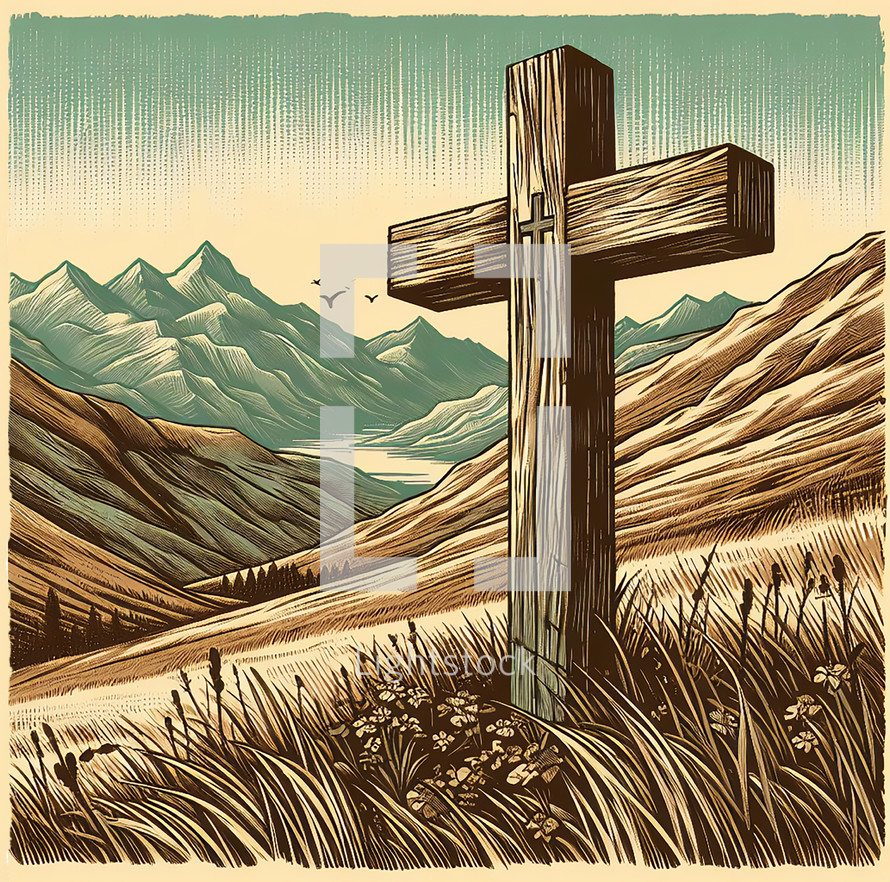 cross on a hillside - vintage woodcut print style