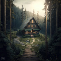 Serene scene of a cozy wooden cabin amidst a foggy, mystical forest