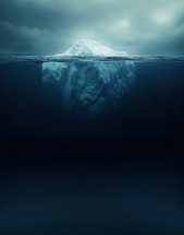 AI Image. Underwater view on the majestic dangerous melting iceberg in a dark sea