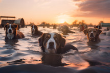 AI Generated Image. Dogs swimming in the river after overflowing