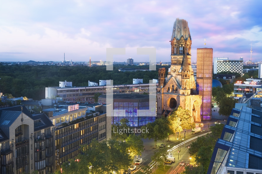 Elevated view of Kaiser Wilhelm Memorial Church at dusk. Berlin, Germany.- for editorial use only.
