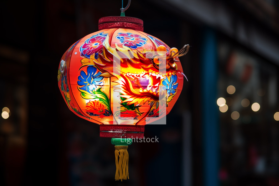 AI generated image. Colorful Chinese lantern on a city street