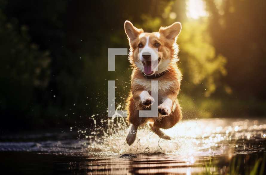 AI Generated Image. Cute Corgi dog running and jumping in a pond
