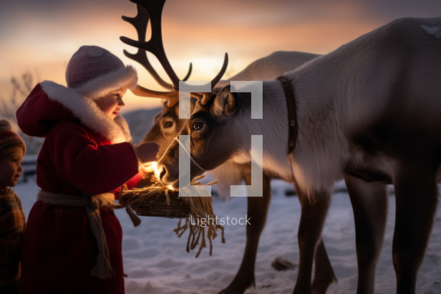 AI generative images. Happy kids feeding reindeers at Christmas eve