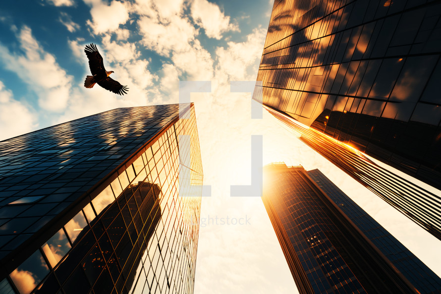 AI Image. Business office skyscrapers and bald eagle flying in majestic sky