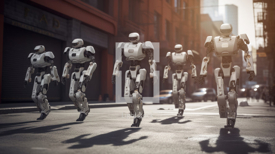 AI Generated Image. Group of alien robots walking on a city street
