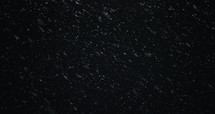 Slow motion snow at night in front of black backdrop, Snowflakes falling in slow motion during winter snow storm at nighttime.