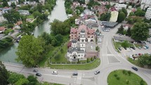 Aerial: Serbian Orthodox church complex in Banja Luka, Bosnia. Panoramic