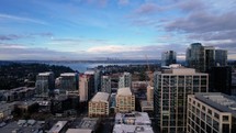 Downtown Bellevue Washington drone push toward Seattle