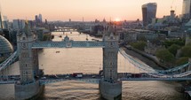Aerial Panning Shot Across London Bridge And London Skyline