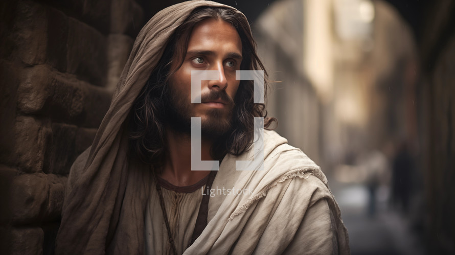Jesus Christ walking on the streets of ancient Jerusalem
