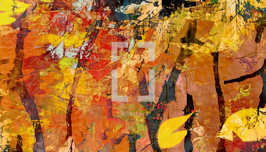 lively abstract autumn art - paint and collage - leaves, tree trunks