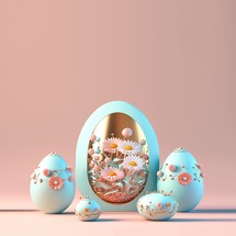 Easter Poster Background with 3D Easter Eggs and Flower