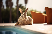 AI Generated Image. Easter bunny relaxing next to the swimming pool