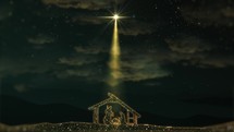 Bright Christmas Scene with twinkling stars and brighter star of Bethlehem. Seamless Loop of Nativity Christmas story under starry sky and moving wispy clouds.