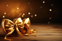 AI Generated Image. Golden ribbon bow on a wooden table