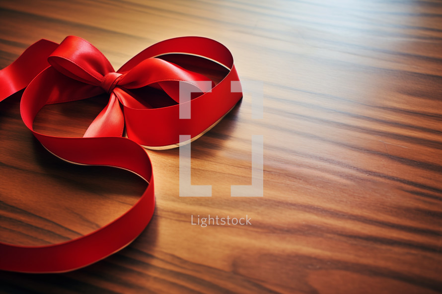 AI Generated Image. Red ribbon laid out on a wooden table