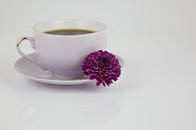 coffee cup and saucer with purple mum 