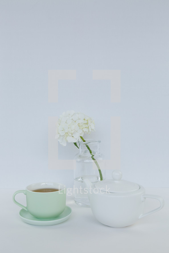 tea pot, cup and saucer, and flowers in a vase 