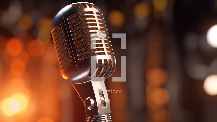 Close-up view of the microphone on stage and bokeh background Created With Generative AI Technology	
