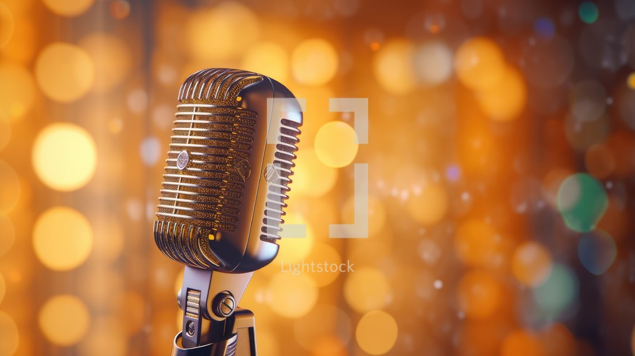 Close-up view of the microphone on stage and bokeh background Created With Generative AI Technology	
