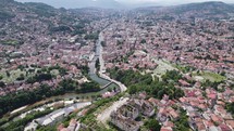 Panorama aerial of beautiful multicultural balkan city Sarajevo on summer day