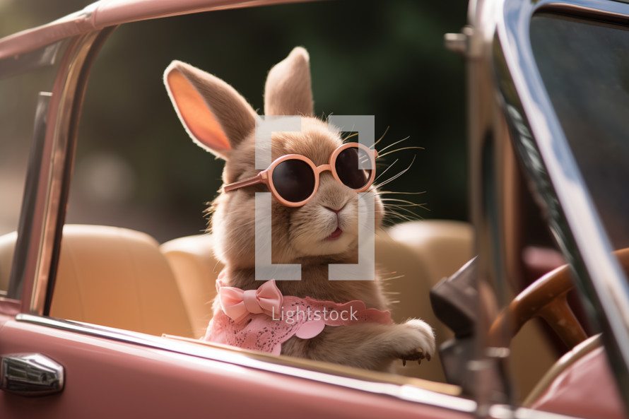 AI Generated Image. Happy Easter bunny driving vintage car