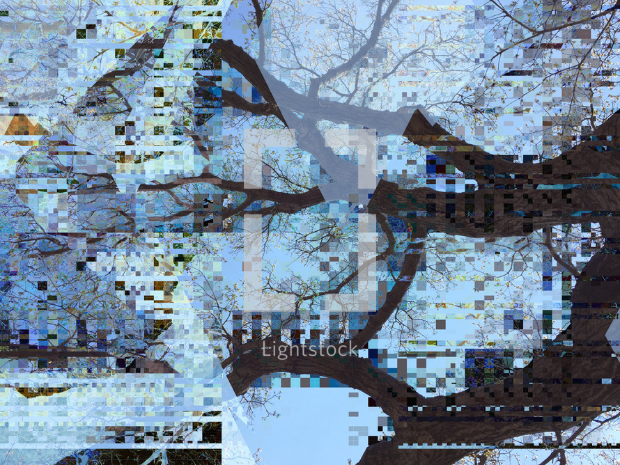 abstract tree silhouette with squares - glitch effect