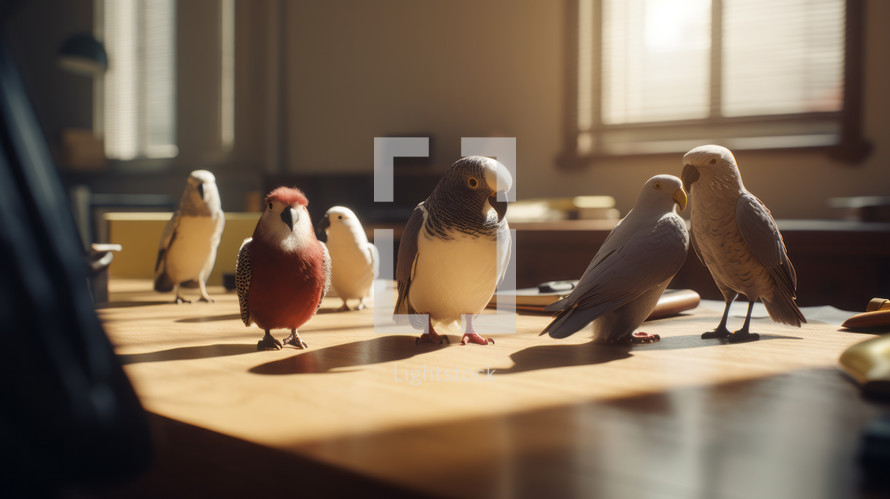 AI Generated Image. Birds on the office desk