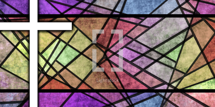 complex modern stained glass background with white cross 