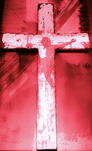 red crucifix artwork with streaks and splashes