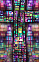 stained glass cross with glass background blur, created with AI input and further editing
