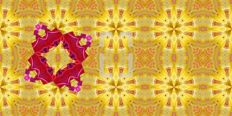 kaleidoscopic view, golden yellow, pink red