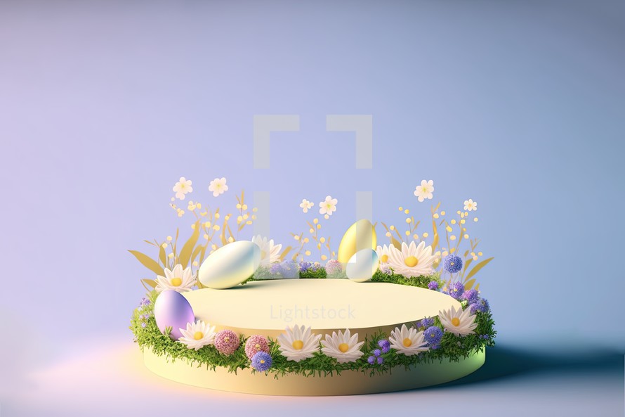 3D rendering of an Easter background and a product podium stand with eggs and flowers