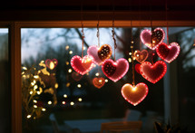 AI Generated Image. Window decorated with hearts for Valentine’s Day