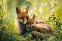 AI Generated Image. Cute serene fox family. Mother’s Day concept