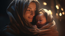 Mary holds Jesus close to her in a cold, candlelit cave. Nativity story