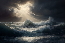 Painting of stormy seas with sunlight breaking through the darkness