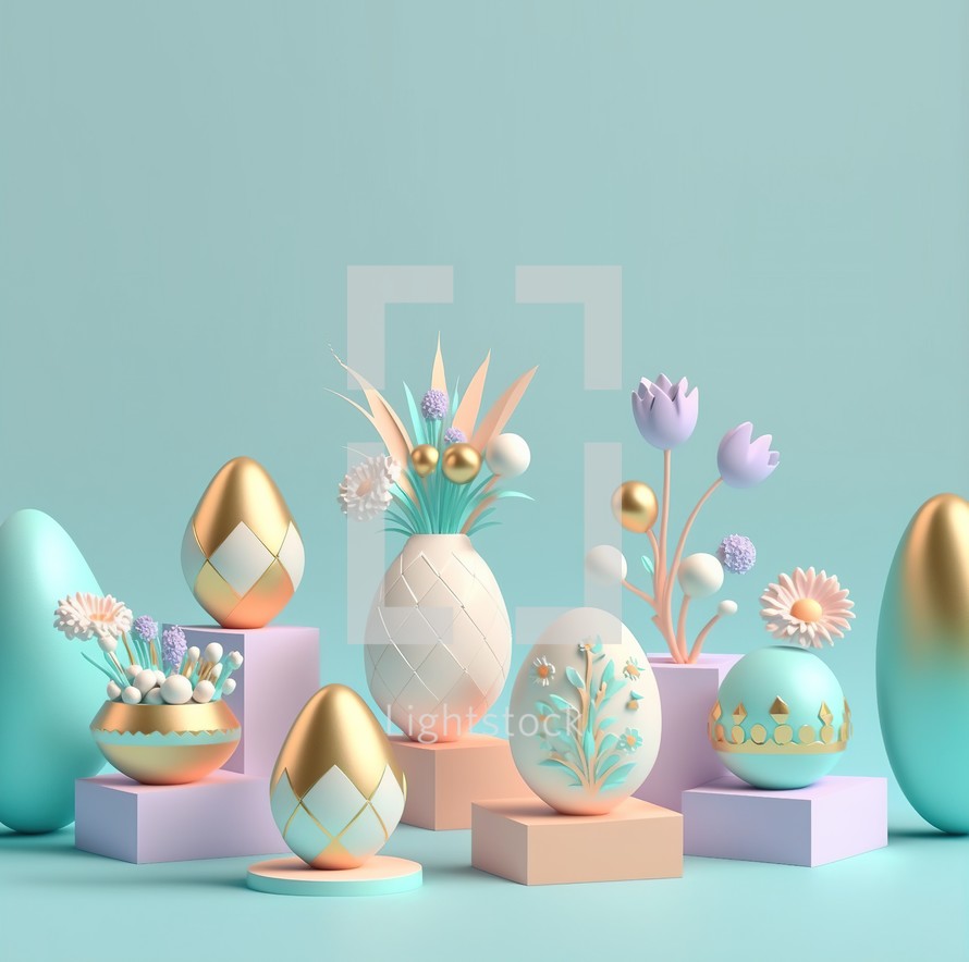 3D Easter eggs and floral background
