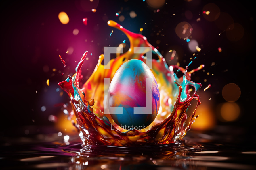 AI Generated Image. Easter egg splashing into the colorful paint