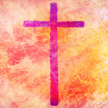 intense pink and purple cross on painted orange grunge surface in square format