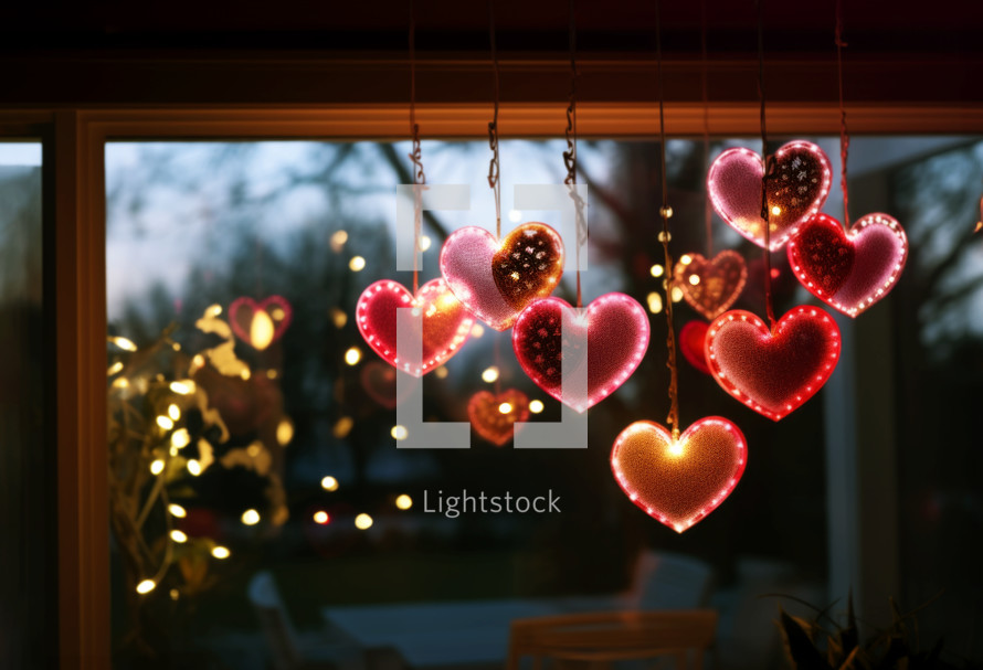 AI Generated Image. Window decorated with hearts for Valentine’s Day