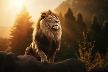 A majestic Lion with the light of the Sunset glowing behind