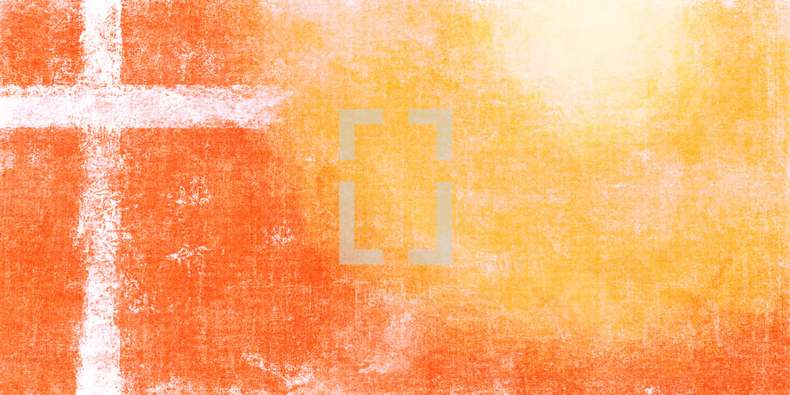 white cross on orange with glowing sun in a  textural painted fabric effect with space for text